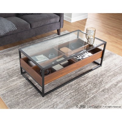 Contemporary Black Steel and Walnut Wood Coffee Table with Clear Glass Top