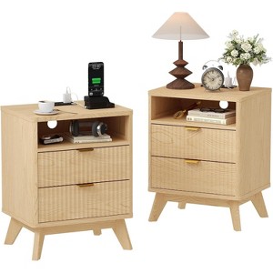 Modern Fluted Nightstand with USB & Outlet Charging, 2-Drawer Bedside Table with Open Shelf, for Bedroom, Living Room - 1 of 4