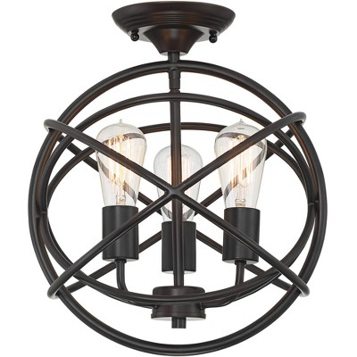 Franklin Iron Works Rustic Farmhouse Ceiling Light Semi Flush Mount Fixture Bronze 14" Wide 3-Light Openwork Sphere for Bedroom