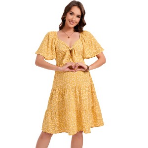 Coolmee Women Summer Maternity Midi Dresses for Baby Shower Knotted V Neck Ruffle Tiered Short Sleeve Knee Length Tie Front Dress - 1 of 1