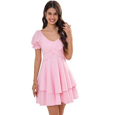 Clearlove Women's Mini Dress Layer Ruffle Hem Short Lantern Sleeve V Neck  Dress A Line Casual Flowy Dress Pink XX Large : Target