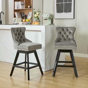 Resenkos Counter Bar Stools, Counter Stool,Swivel Velvet Barstools with Button Tufted Decoration and Wooden Legs, Set of 2 (Gray) - 1 of 4