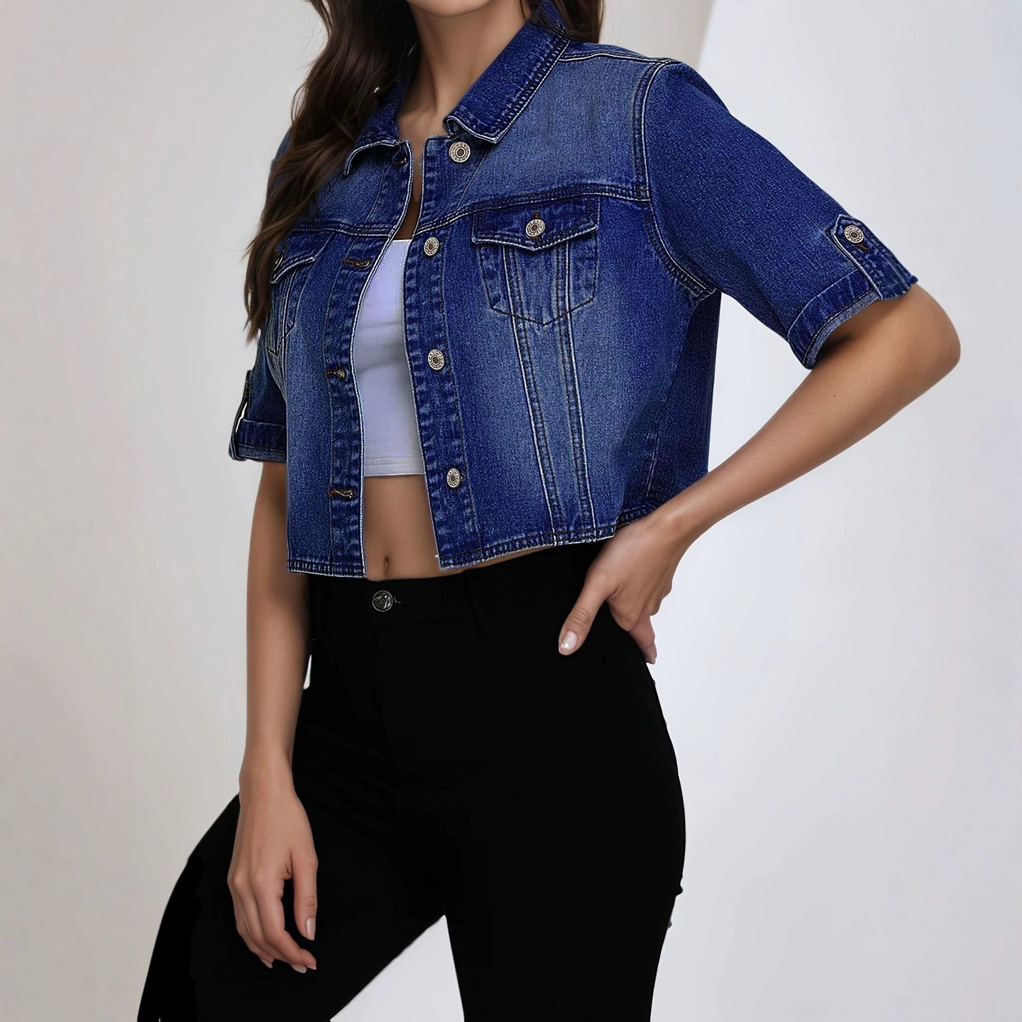 Женская куртка YesFashion Cropped Short Sleeve Denim Jacket Elastane Lapel Single Breasted Jean Outerwear, L, Dark blue, цвет: Джинсовый — фото 2