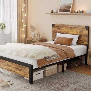 Platform Bed Frame with Wooden Headboard, Under-Bed Storage & Metal Legs Rustic Brown, Noise-Free, No Box Spring Needed, Easy Assembly - 1 of 4