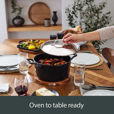 Black Enameled Cast Iron 6 Quart Dutch Oven with Lid and Acacia Trivet