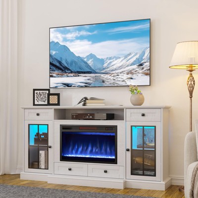 AOXUN 58" Fireplace TV Stand for TVs up to 65 Inch, Media Entertainment Center with 23" Electric Fireplace with Glass Doors, LED Lights, White