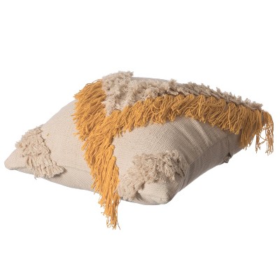 16" Beige and Yellow Handwoven Cotton Throw Pillow Cover with Fringed Design
