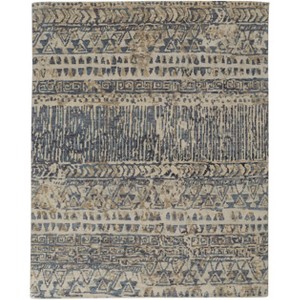 Tan Ivory And Blue Wool Geometric Hand Knotted Area Rug - 1 of 4