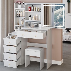 NicBex Vanity Table with Stool,Vanity Desk with Touch LED Mirror,Makeup Vanity with Multi Layer Capacity Storage,Dressing Table for Bedroom,White - 1 of 4