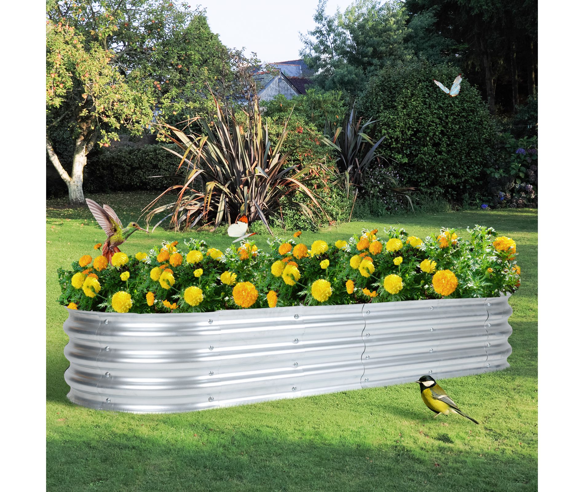 Aoodor 6x2x1 ft Galvanized Raised Garden Bed Kit,  Outdoor Garden Planter Oval Large Boxes for Vegetables, Flowers, Herbs - Silver