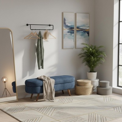 Homy Casa Oval Upholstered Storage Bench with Lift-Top Lid, Blue Fabric Ottoman with Wood Legs,Dark Blue