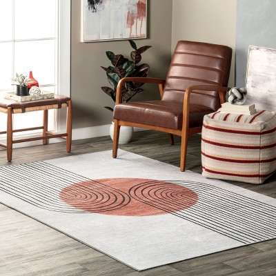 Burnt Orange Abstract Square Synthetic Washable Rug