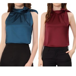 INSPIRE CHIC Women's Elegant Satin Sleeveless Bow Tie Mock Neck Solid Work Blouse 2 Packs - 1 of 4