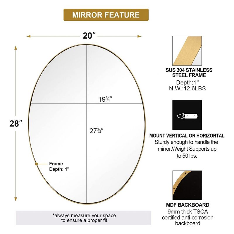 ANDY STAR T03-S10-O2028G Modern Decorative 20 x 28 Inch Oval Wall Mounted Hanging Bathroom Vanity Mirror with Stainless Steel Metal Frame, Gold, 3 of 7