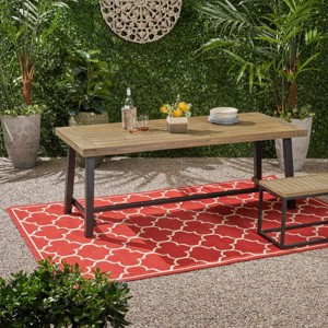 Modern 79'' W Outdoor Wooden Backyard Dining Table for 6,Rectangle Slat Tabletop with Metal Legs,6 Seater Garden Dining Table-Coolbibila - 1 of 4