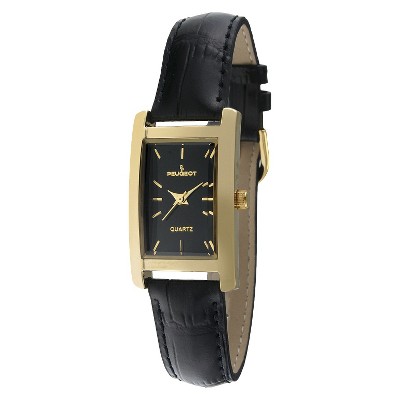Women's Peugeot Gold-tone Black Dial Leather Strap Watch - Black