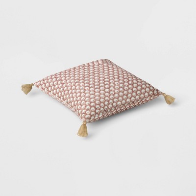 Purple Floral Block Print Square Throw Pillow with Tassels