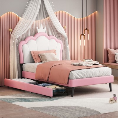 Twin Size Kid Upholstered Day Frame, Wood Princess Low Platform Bed With 2 Drawers, Headboard & Footboard, White+Pink