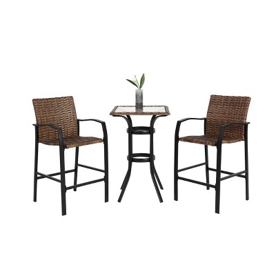 Dexmalle Brown Rattan Bar Chairs with Flass Table Top,3 Pieces