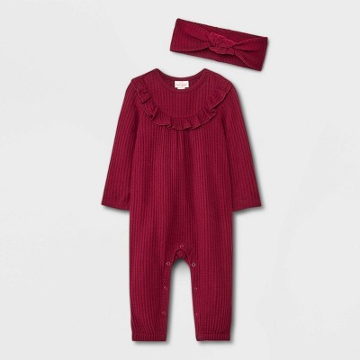 Baby Girls' Ruffle Yoke Cozy Waffle Romper - Cat & Jack™ Burgundy 0-3M