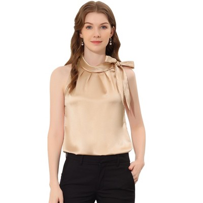 INSPIRE CHIC Women's Elegant Satin Sleeveless Bow Tie Mock Neck Solid Work Blouse
