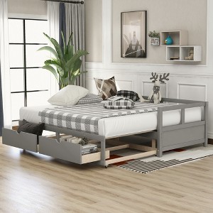 PAGED Twin Daybed Extending Wooden Bed Frame Modern Sofa Bed with Trundle and 2 Drawers for Living Room - 1 of 4