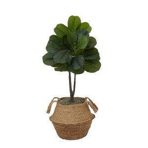 Nearly Natural 3-ft Artificial Fiddle Leaf Fig Tree with Handmade Cotton & Jute Woven Basket DIY Kit, Green - 1 of 4