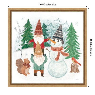 Woodland Gnomes and Snowman Holiday Canvas Art Print, 16 x 16 inches
