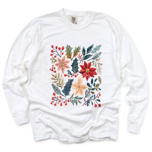 Christmas Flowers and Berries Distressed - Women's Garment Dyed Long Sleeve Graphic T-Shirt - 1 of 4