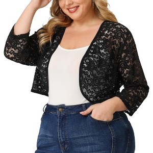Agnes Orinda Women's Plus Size Sheer Cardigan 3/4 Sleeves Floral Lace Crop Shrug - 1 of 4