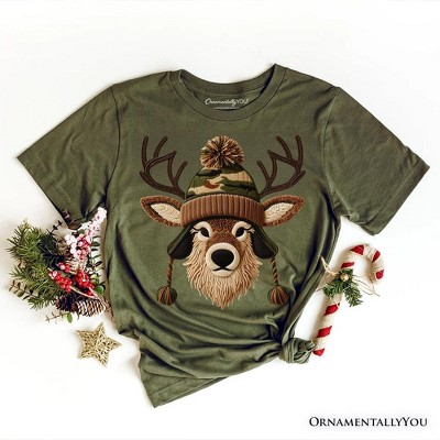Deer Head Camo Hat Christmas T-Shirt, Imitation Latch Hook Yarn Cozy Hunting Season Tee | OrnamentallyYou
