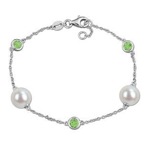 EVERLY JEWELRY | Sterling Silver 4/5 CT TGW Peridot And 8.5 - 9 MM White Freshwater Cultured Pearl Bracelet With Chain, 7 inc+ 0.5 inc - 1 of 4