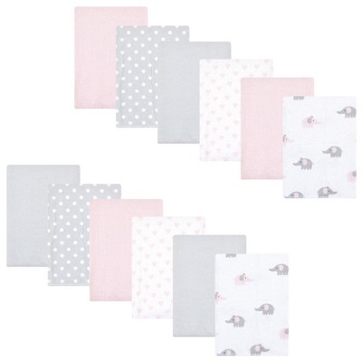 Hudson Baby Infant Girl Cotton Flannel Burp Cloths Bundle, Pink Gray Elephant, One Size