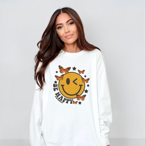 Simply Sage Market S.W.Smiley Be Happy Butterflies Garment Dyed Sweatshirt - 1 of 4