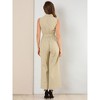 Allegra K Women's Button Down Collared Wide Leg Tie Sleeveless Jumpsuits  Khaki Small