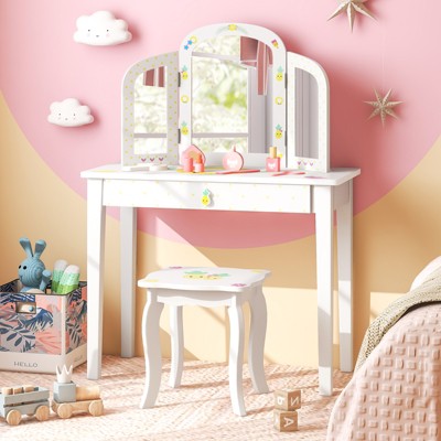 Infans Kids Vanity Table Set Tri-Folding Mirror Pretend Play Dressing Large Drawer