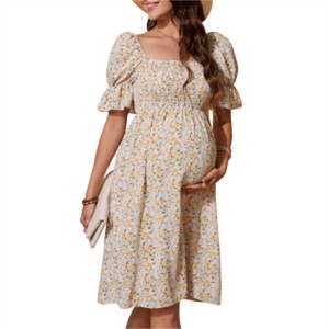 Clearlove Women's Floral Print Square Neck Shirred Puff Sleeve Maternity Dress Nursing Friendly Bump Flowy Maxi - 1 of 4