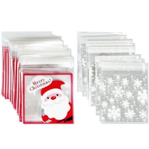 Wrapables Transparent Self-Adhesive 4" x 4" Candy and Cookie Bags, Favor Treat Bags for Parties and Wedding (200pcs), Snowflakes & Santa - 1 of 4