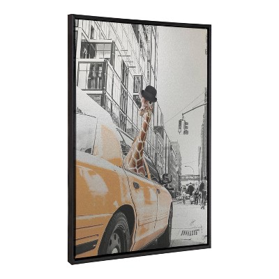 Kate & Laurel All Things Decor Sylvie Giraffe in New York Framed Canvas Wall Art by July Art Prints Zoo Animal City