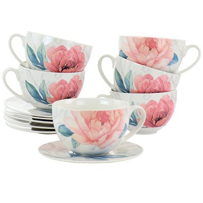 Gibson 12 Piece Ceramic Flora 18 Ounce Cup and Saucer Set in White
