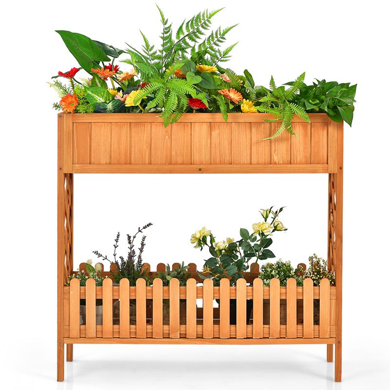 Tangkula Outdoor 2-Tier Wood Planter Raised Garden Bed Elevated Planter Box Kit w/Liner & Shelf for Backyard Patio, 1 of 9