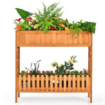 Tangkula Outdoor 2-Tier Wood Planter Raised Garden Bed Elevated Planter Box Kit w/Liner & Shelf for Backyard Patio