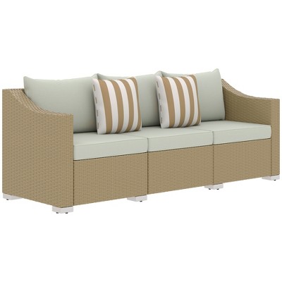 Outsunny 3 Seater Patio Wicker Sofa, Outdoor Furniture Rattan Couch with Cushions, Throw Pillows, for Garden, Backyard, Porch