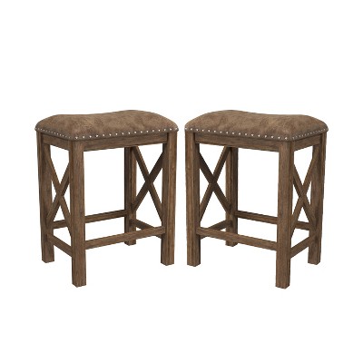 Antique Walnut & Weathered Brown Leather Saddle Barstool, Set of 2