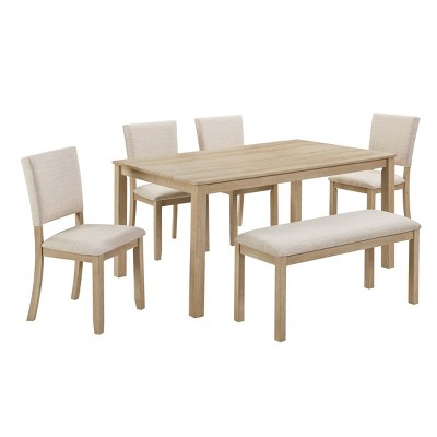 Dining table with four chairs and bench shown individually