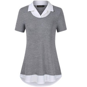Women's Short Sleeve V-Neck Contrast Collared Shirts Patchwork Work Blouse Tunics Tops - 1 of 4