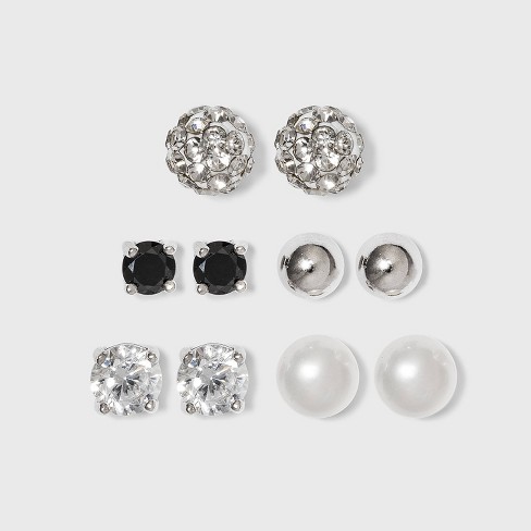 Women's Sterling Silver Stud Earrings Set with Round Cubic Zirconia 3pc - A  New Day™ Silver