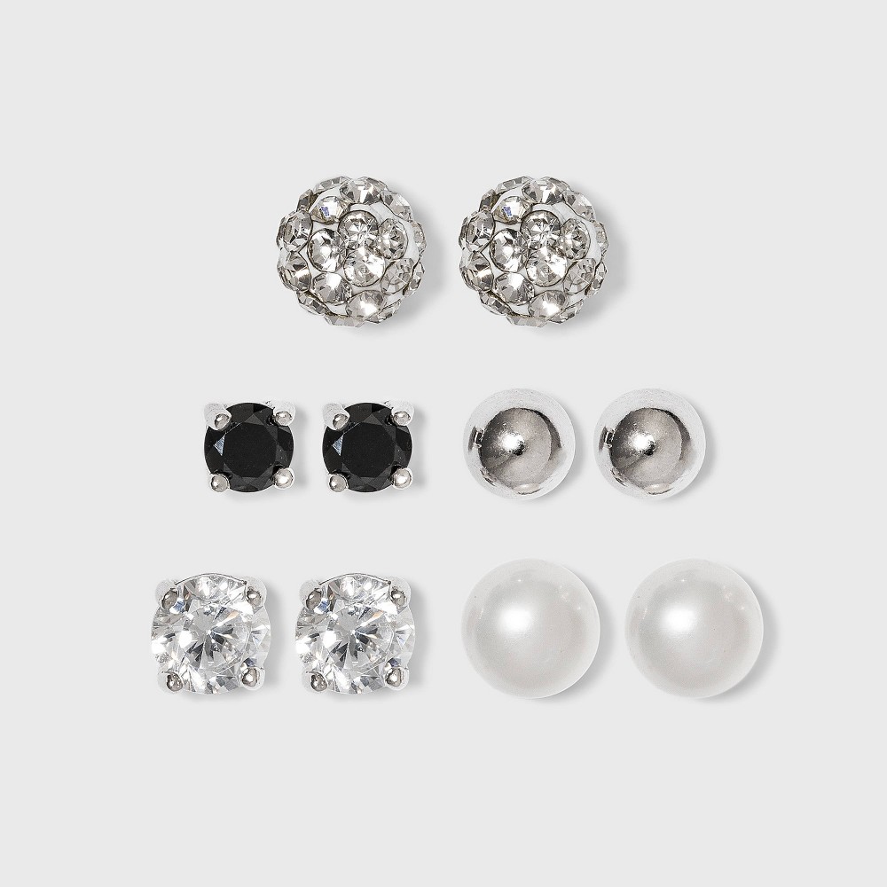 Photos - Earrings Button Sterling Cubic Zirconia/Crystal and Pearl Stud Earring Set 5pc - Si