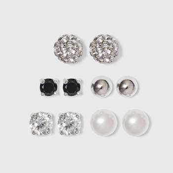 Button Sterling Cubic Zirconia/Crystal and Pearl Stud Earring Set 5pc - Silver/White/Black