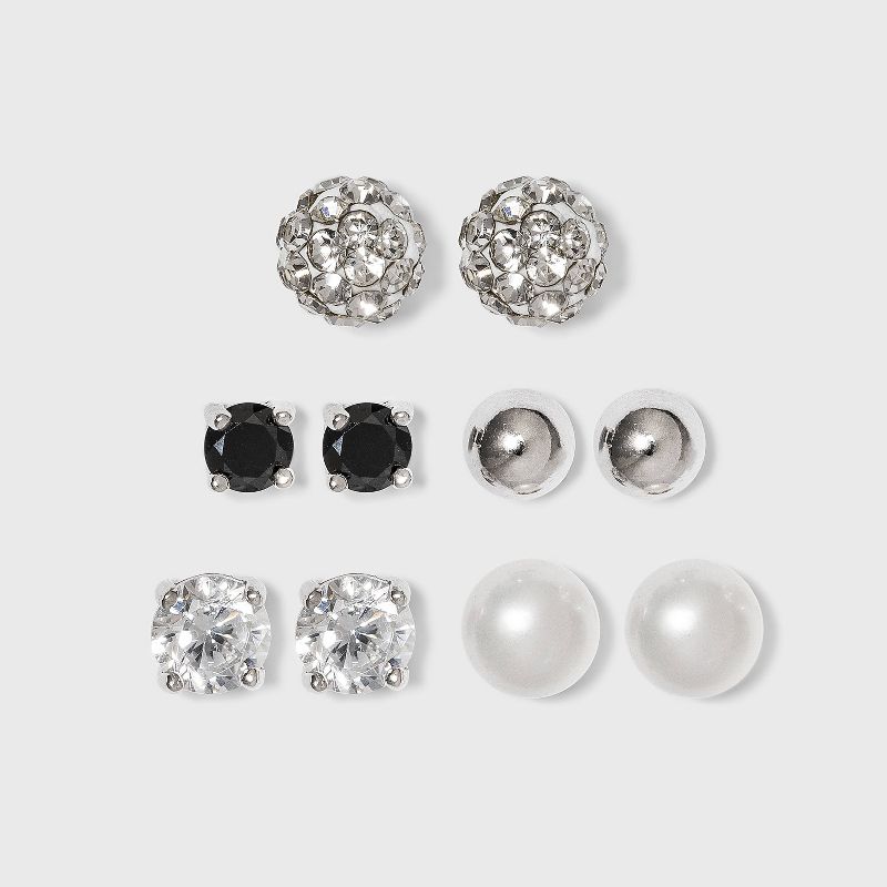Button Sterling Cubic Zirconia/Crystal and Pearl Stud Earring Set 5pc - Silver/White/Black, 1 of 5